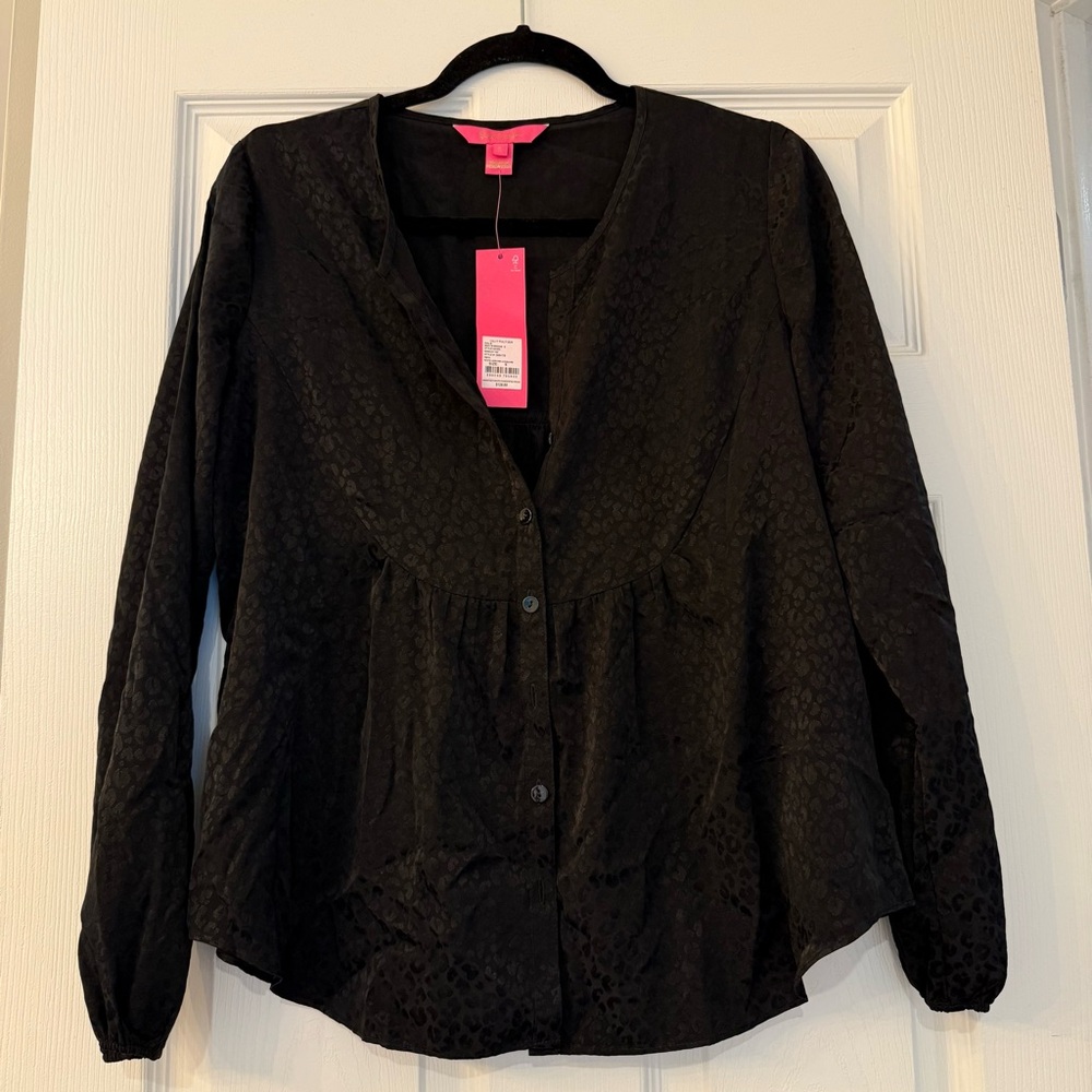 Lilly Pulitzer Hensley Black Blouse Onyx Leopard Jacquard